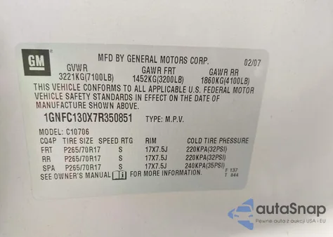 2007 Chevrolet Tahoe Ls z USA, uszkodzony, nr VIN 1GNFC130X7R350851